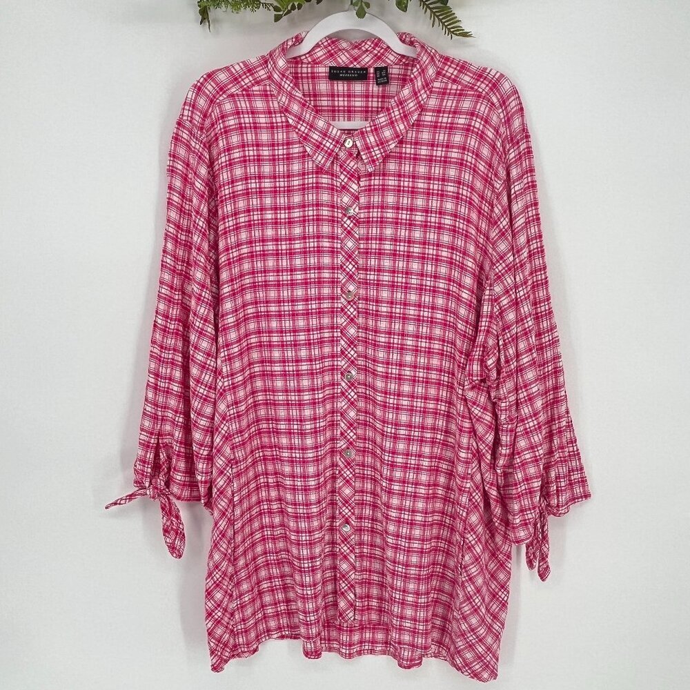 Susan Graver Button Down Top Plus Size 3X Plaid Relaxed Pockets Cottagcore